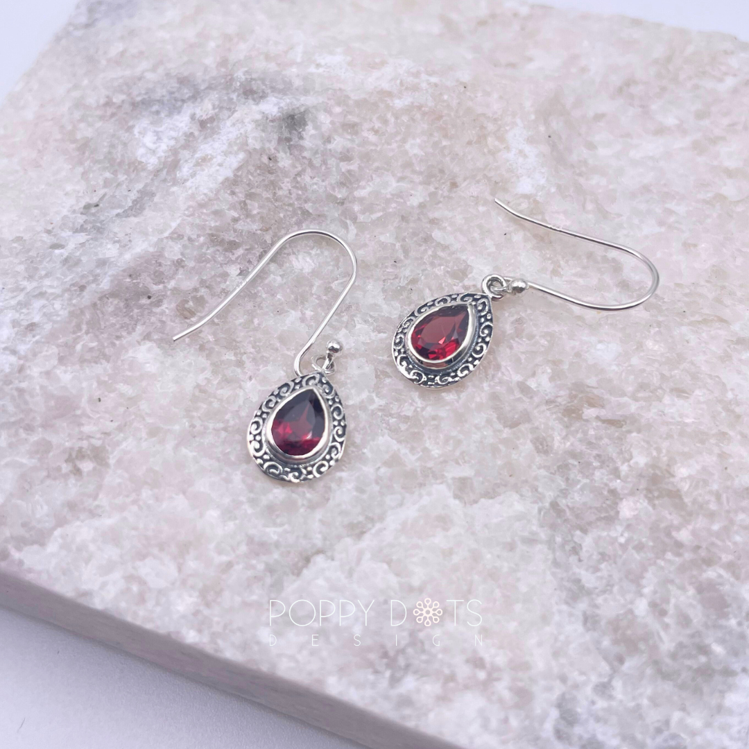 Sterling Silver Dainty Garnet Teardrop Earrings