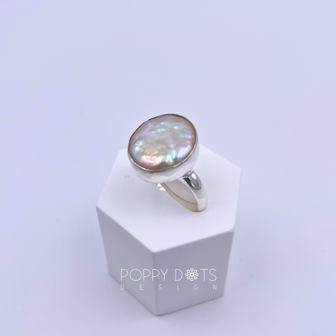 Sterling Silver Coin Pearl Ring