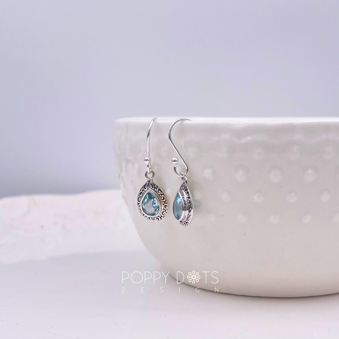 Sterling Silver Dainty Teardrop Blue Topaz Earrings