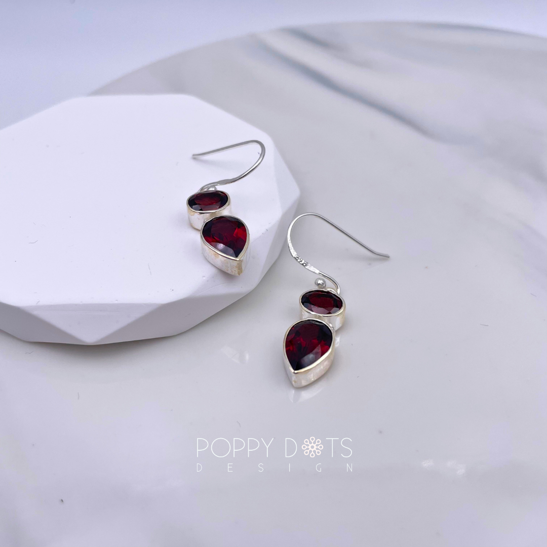 Luxurious Sterling Silver Double Garnet Earrings