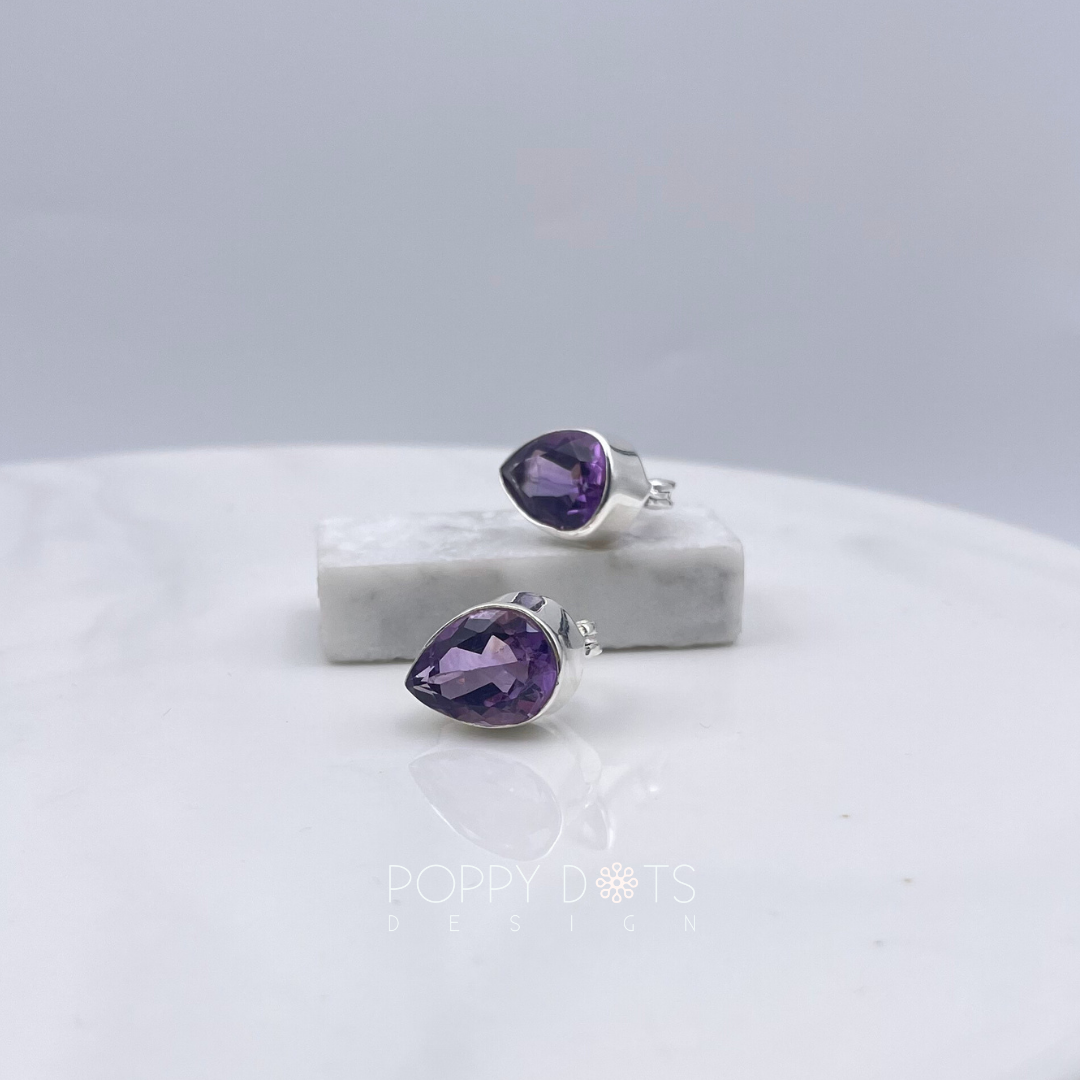 Sterling Silver Big Teardrop Purple Amethyst Studs