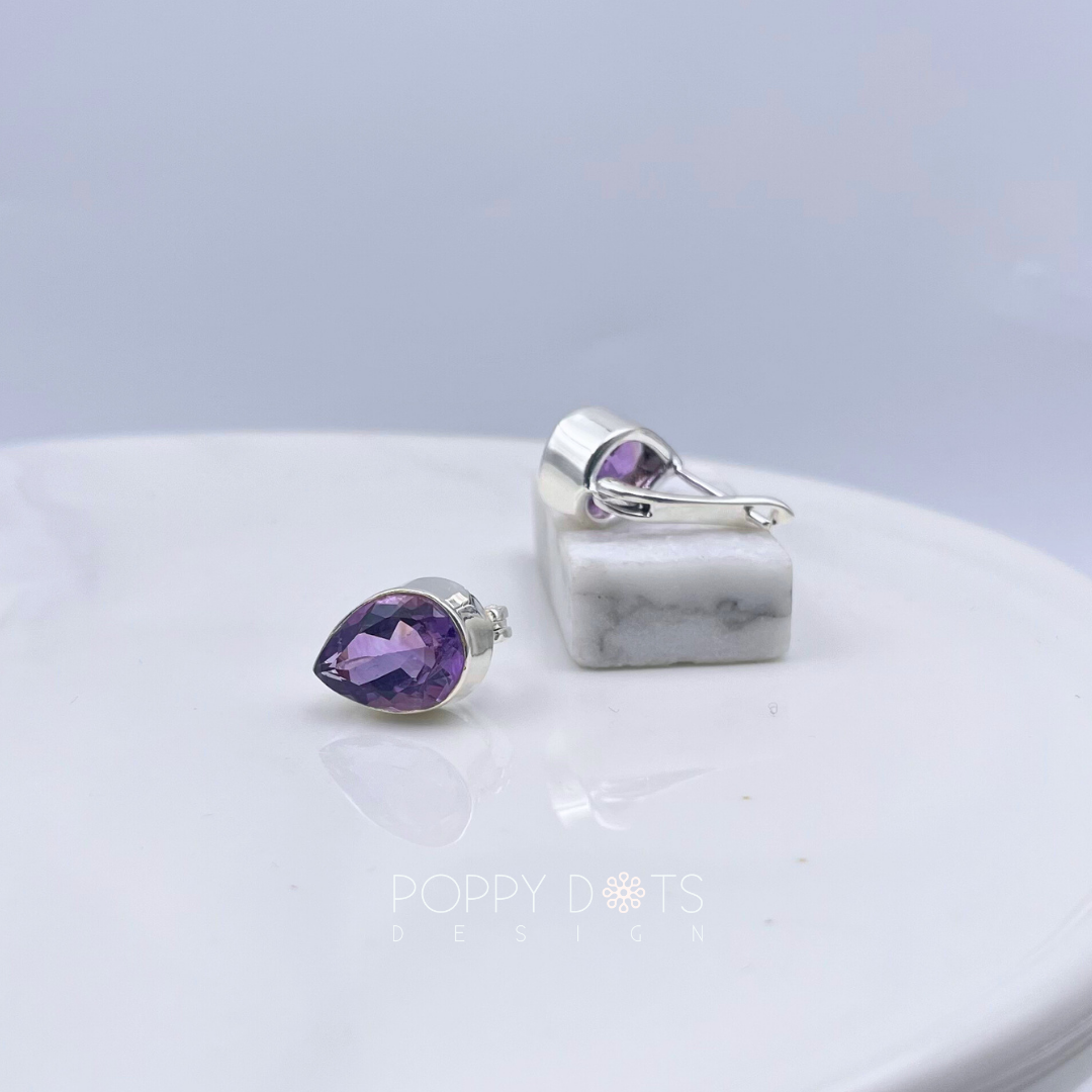 Sterling Silver Big Teardrop Purple Amethyst Studs