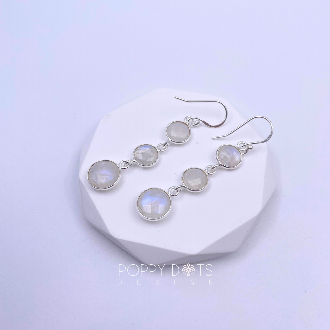 Sterling Silver Triple Round Moonstone Earrings