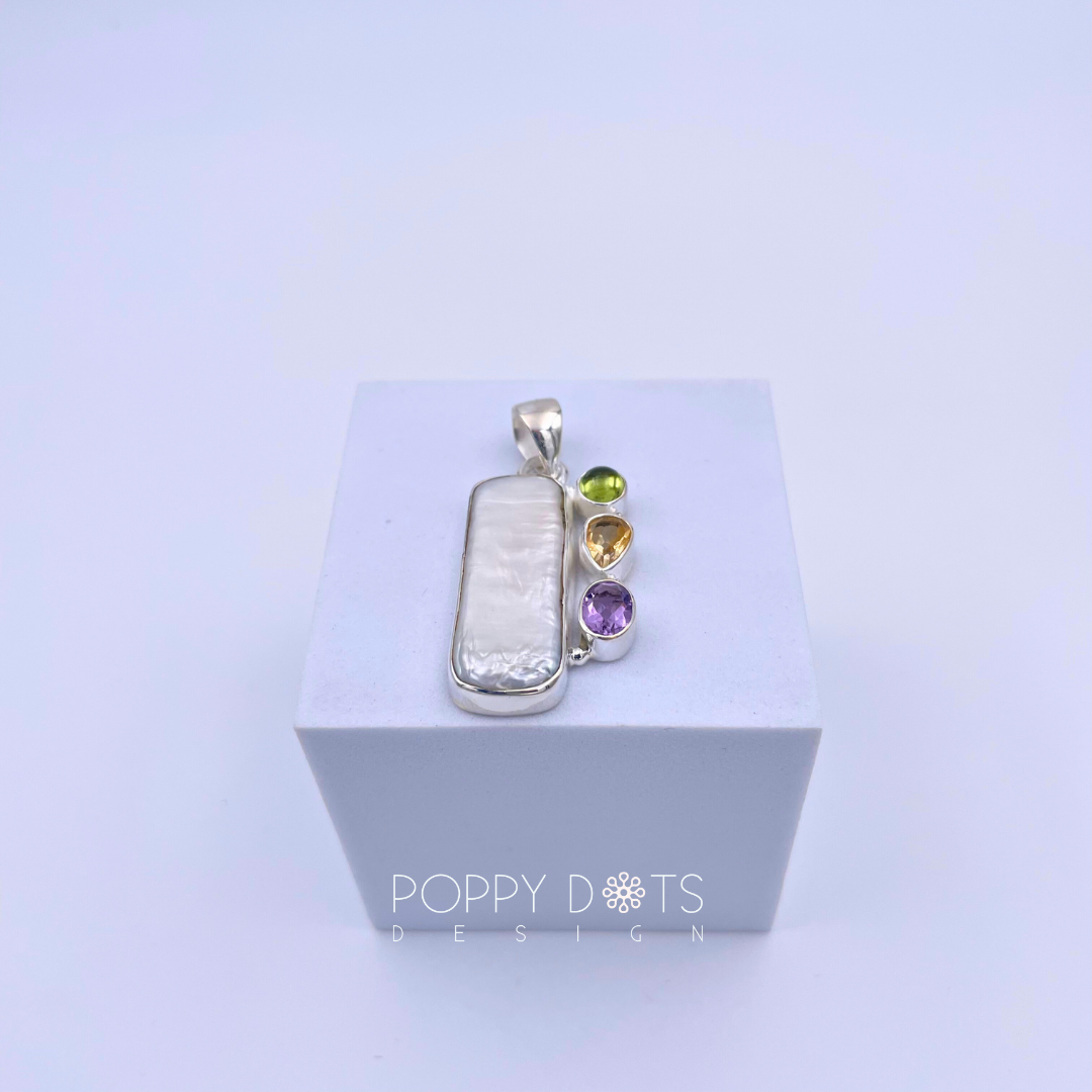 Sterling Silver Peridot, Citrine and Purple Amethyst Pearl Pendant