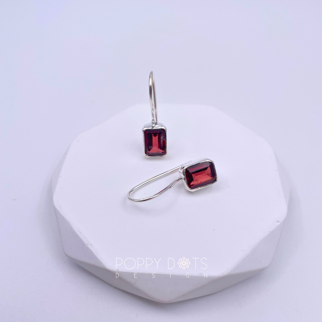 Sterling Silver Rectangular Garnet Fixed Hook Earrings