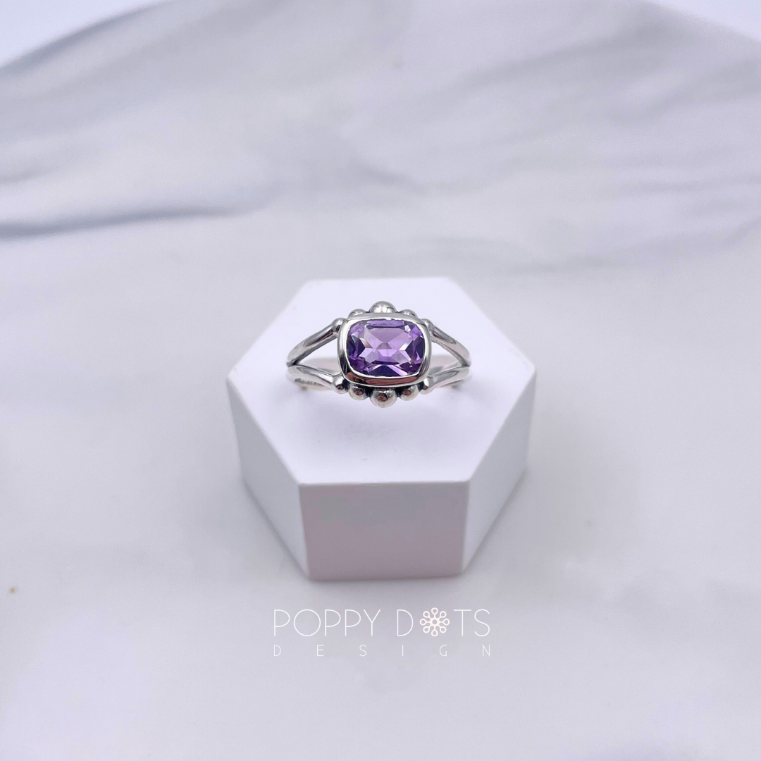 Detailed Sterling Silver Purple Amethyst Rectangular Ring