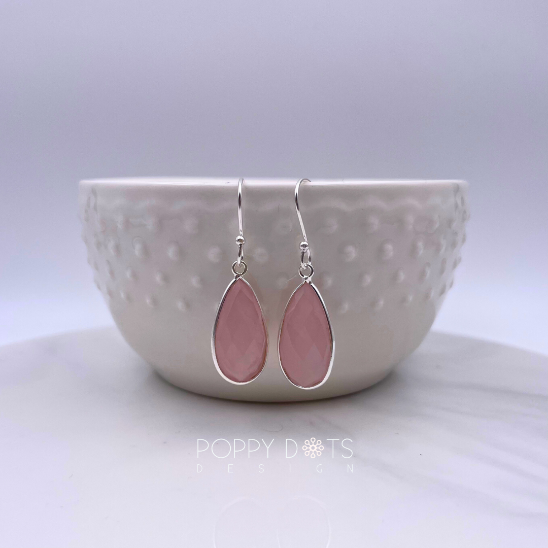 Sterling Silver Tall Teardrop Rose Quartz Earrings