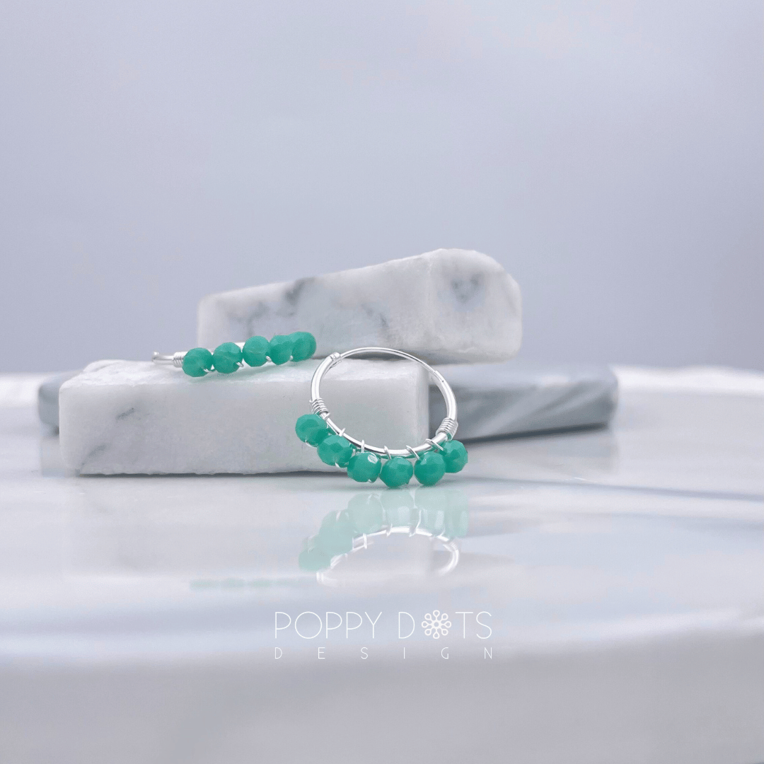 Sterling Silver Teal Crystal Beaded Hoops