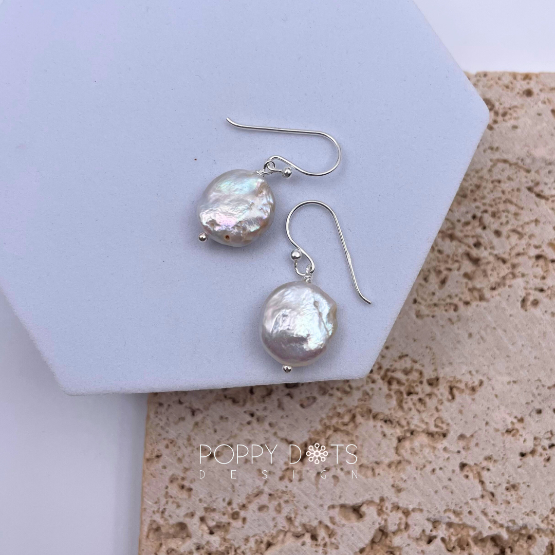 Sterling Silver & Freshwater Coin Pearl Hook Earrings