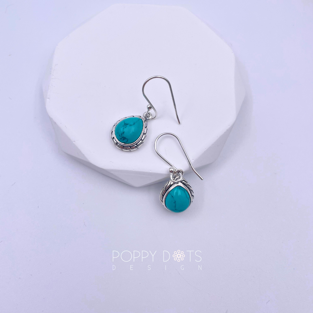 Sterling Silver Detailed Teardrop Turquoise Earrings